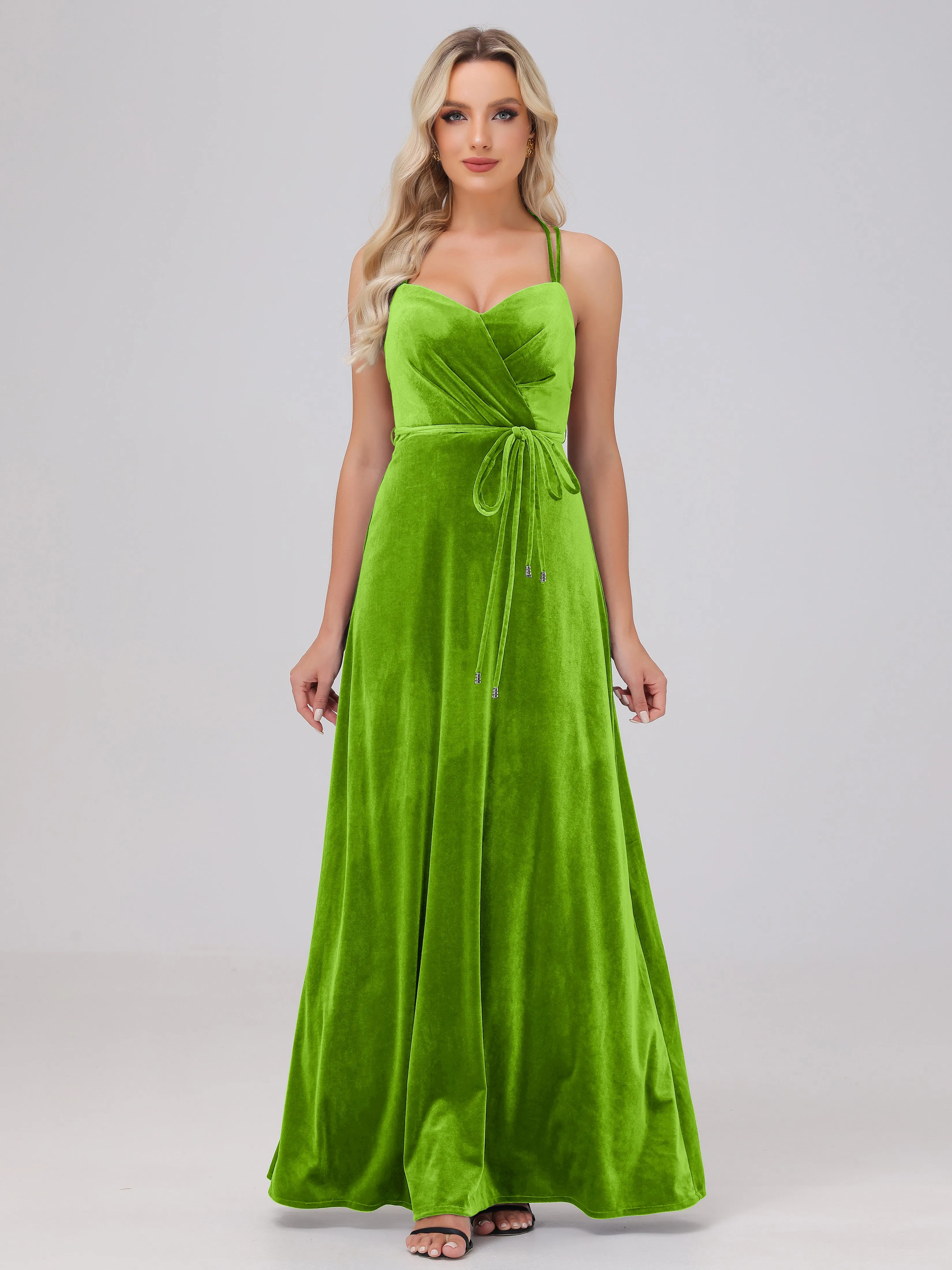 A-Line Sweetheart Criss-Cross Straps Long Velvet Bridesmaid Dresses