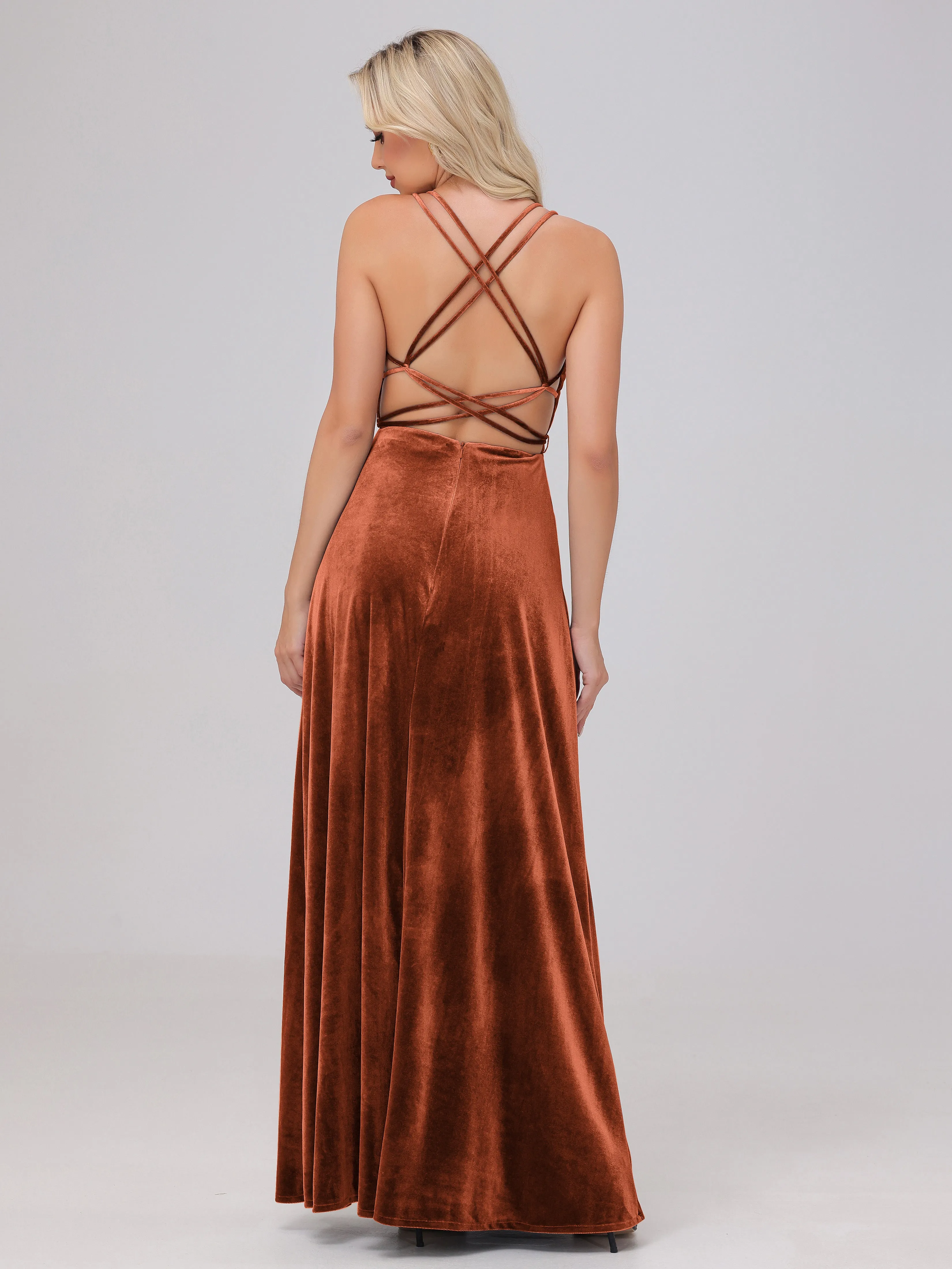 A-Line Sweetheart Criss-Cross Straps Long Velvet Bridesmaid Dresses