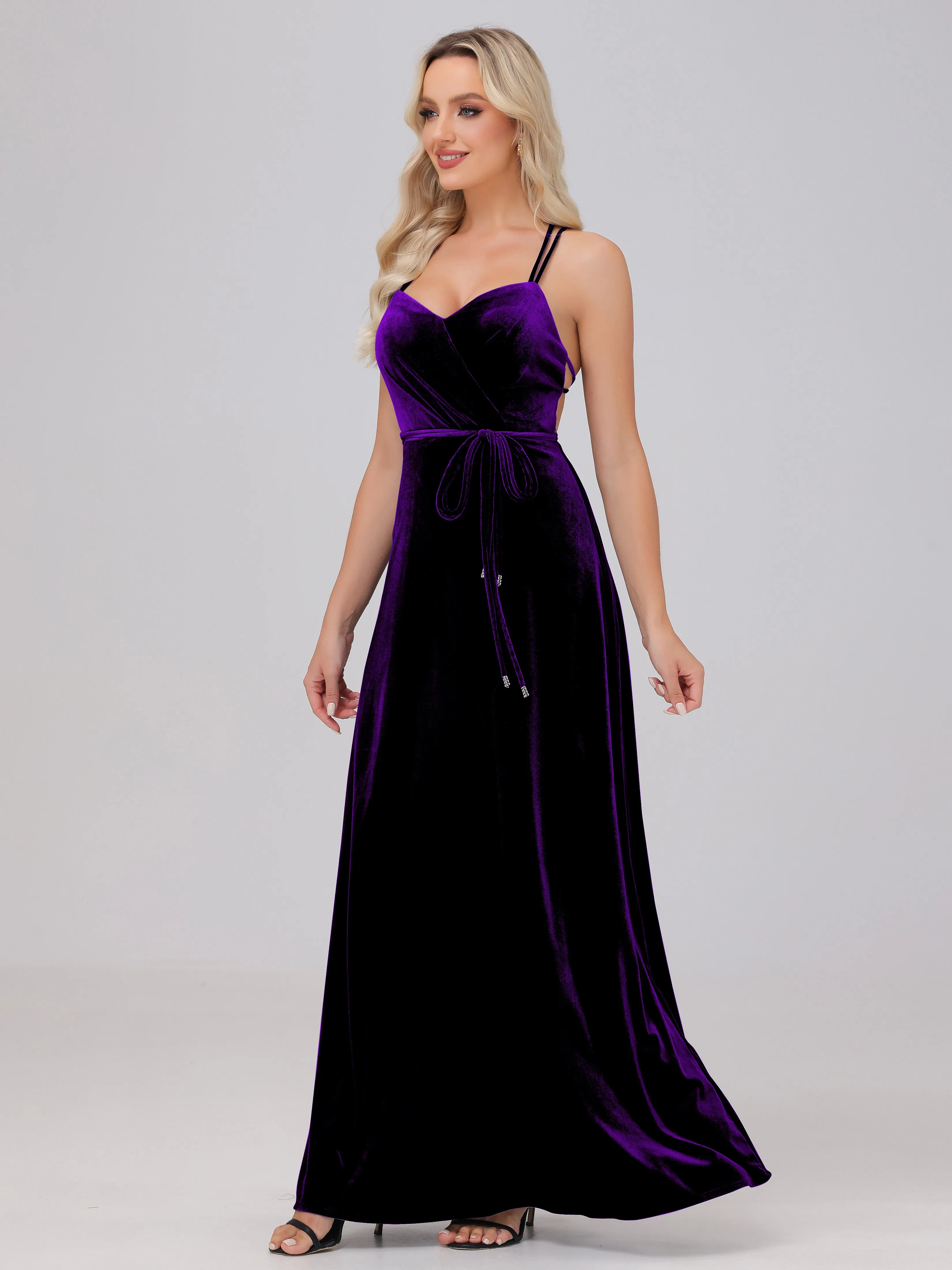 A-Line Sweetheart Criss-Cross Straps Long Velvet Bridesmaid Dresses