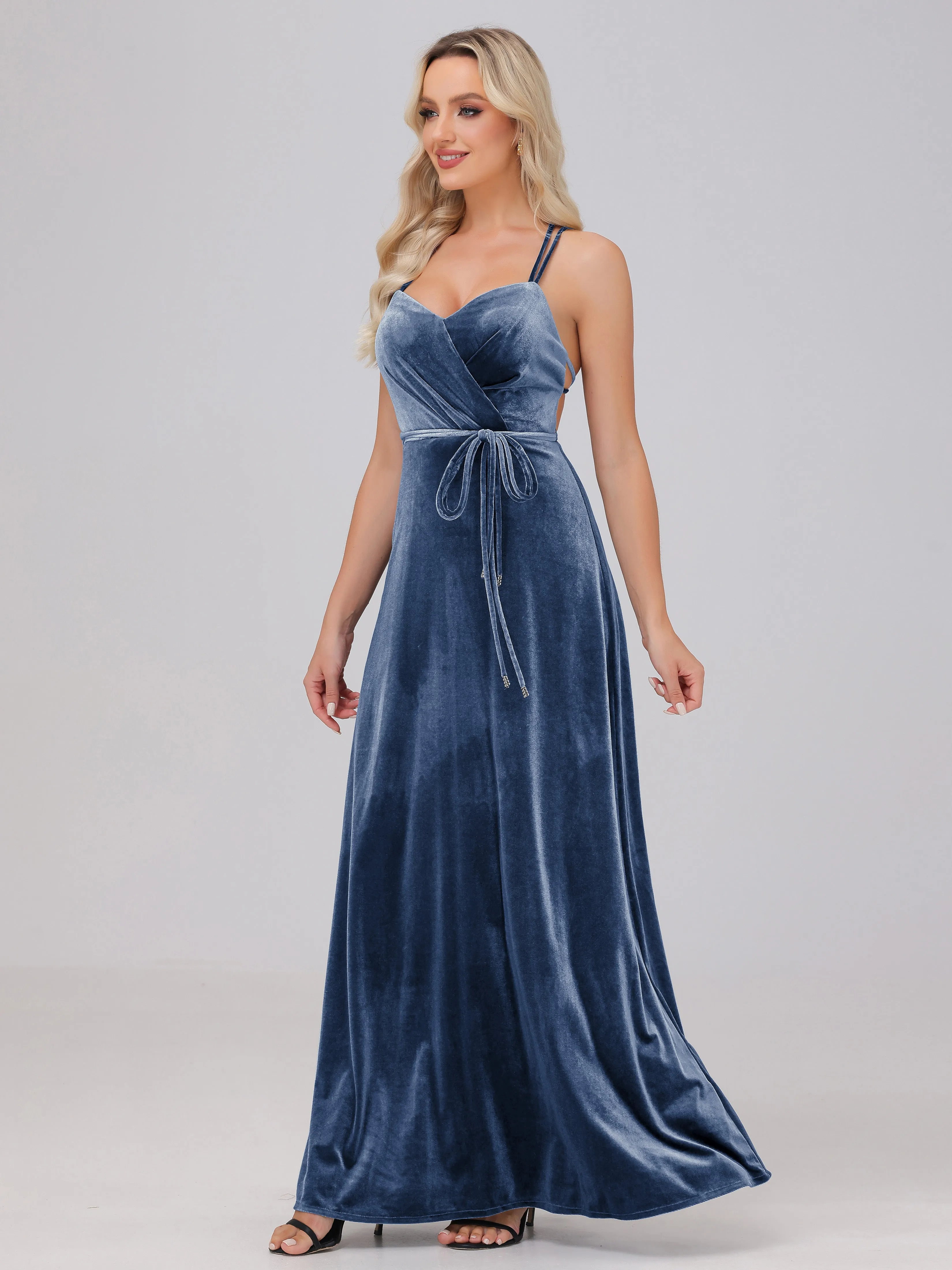 A-Line Sweetheart Criss-Cross Straps Long Velvet Bridesmaid Dresses