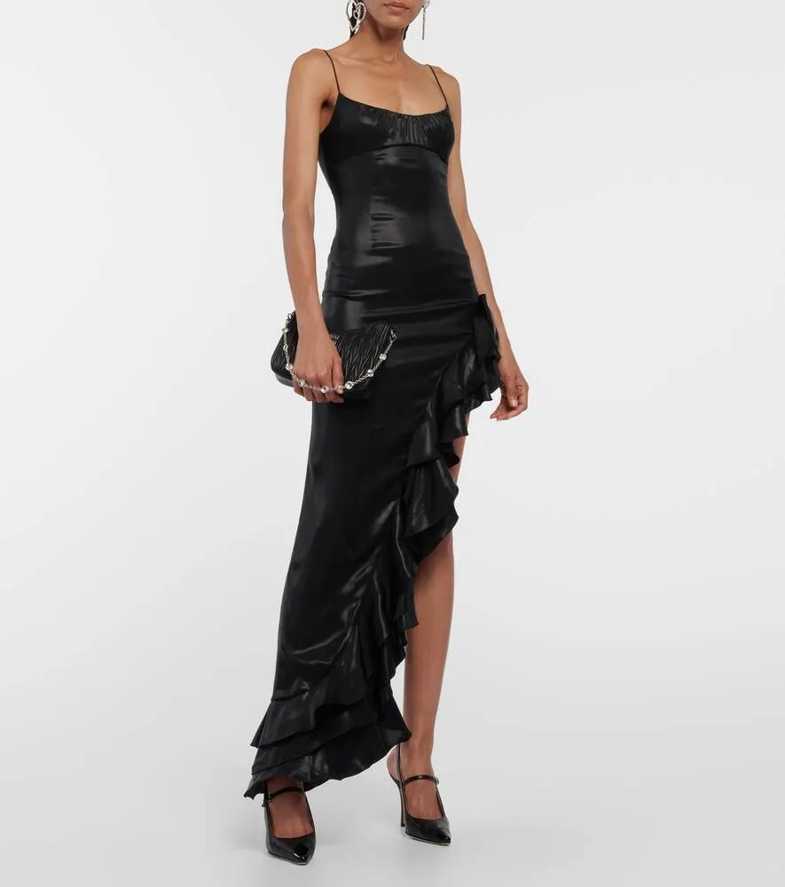 ALESSANDRA RICH Asymmetrical Ruffle Midi Dress, Black