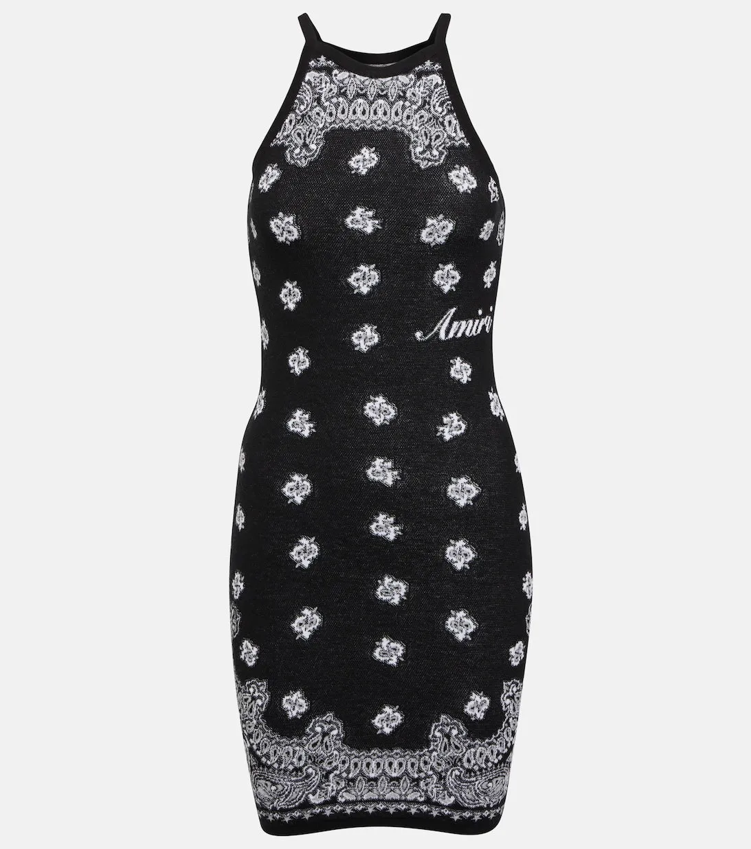 AMIRI Cotton Halter Mini Dress with Bandana Print, Black