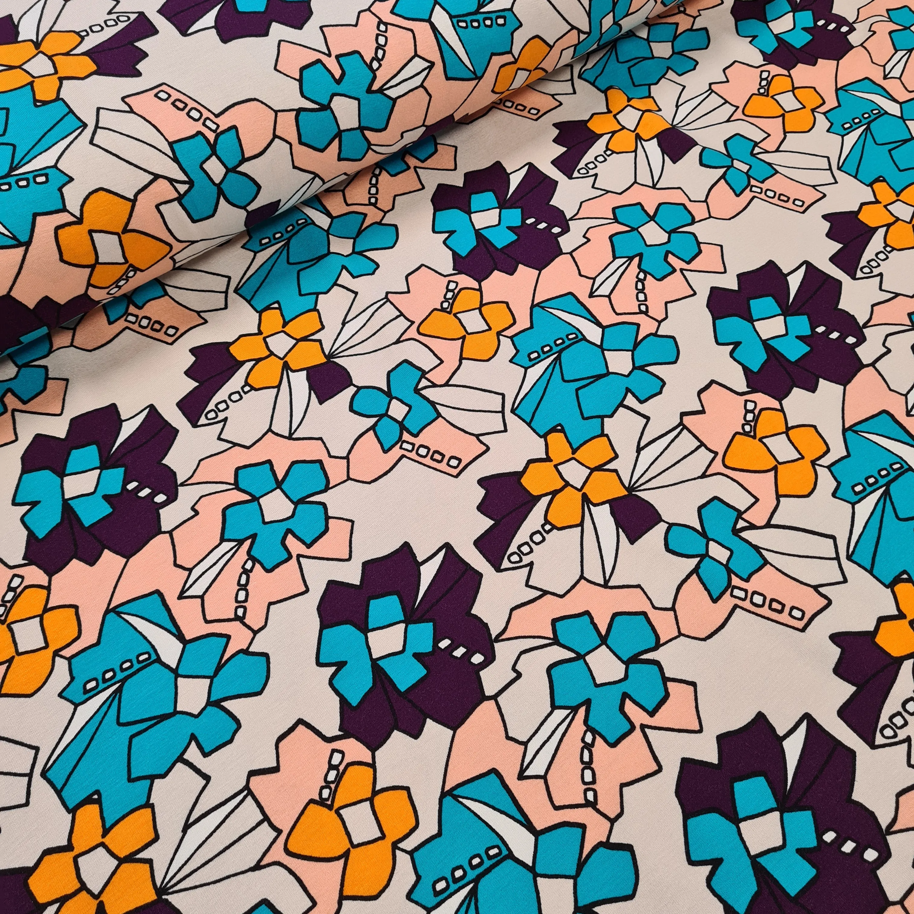 Arty Flowers Viscose Jersey, priced by half metre