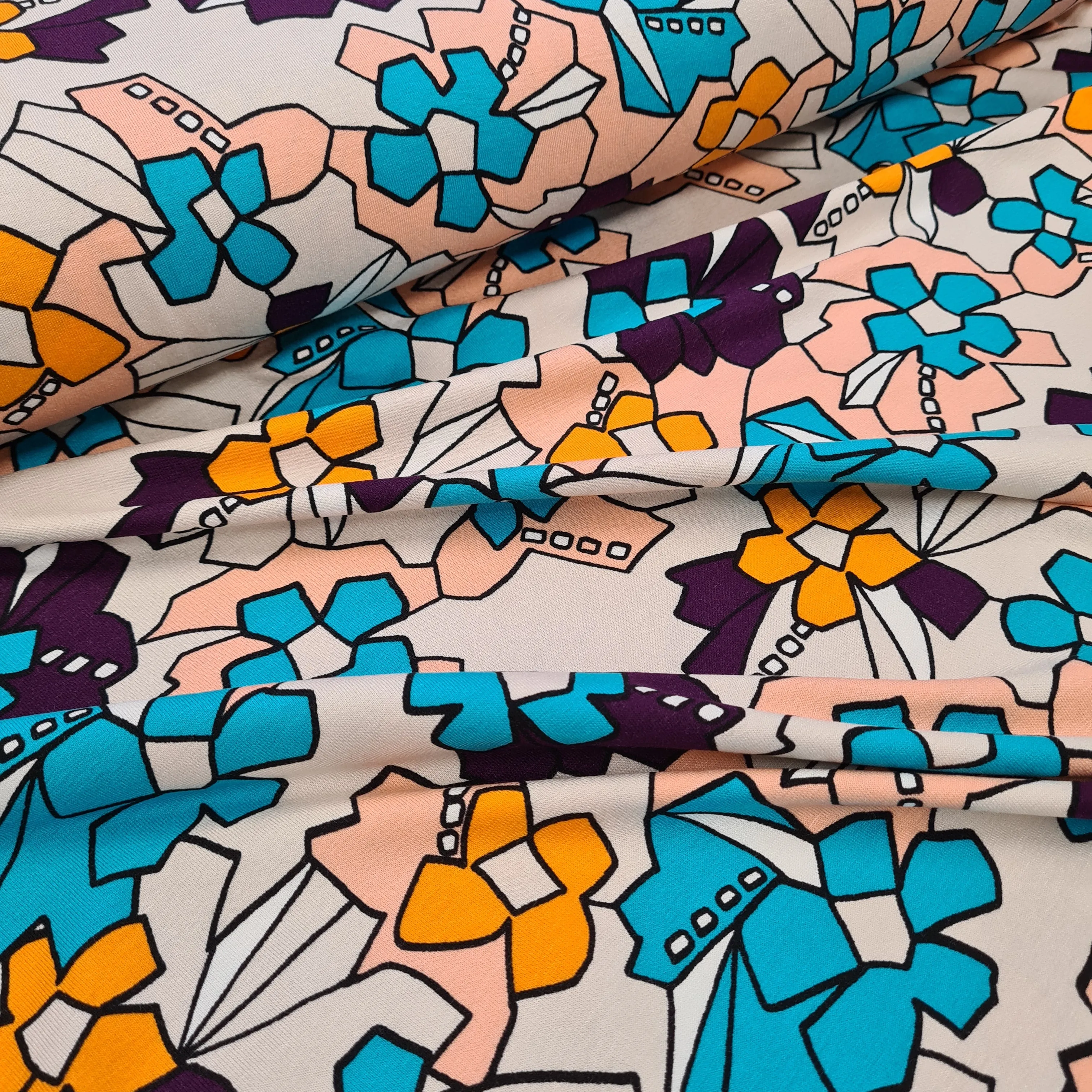 Arty Flowers Viscose Jersey, priced by half metre