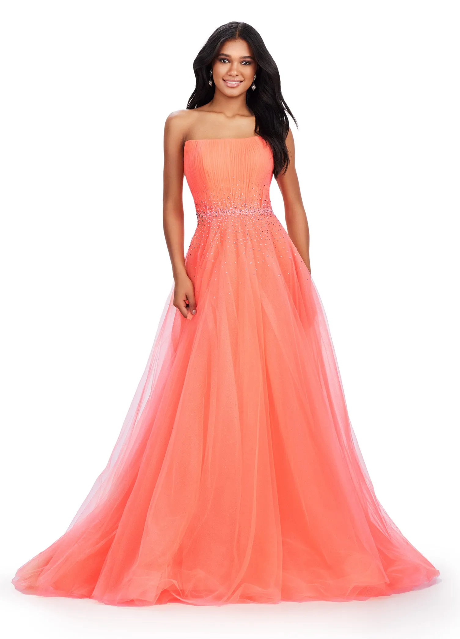 Ashley Lauren 11597 Long Prom Dress Strapless Glitter Tulle Ball Gown Beaded Belt Formal Pageant Gown