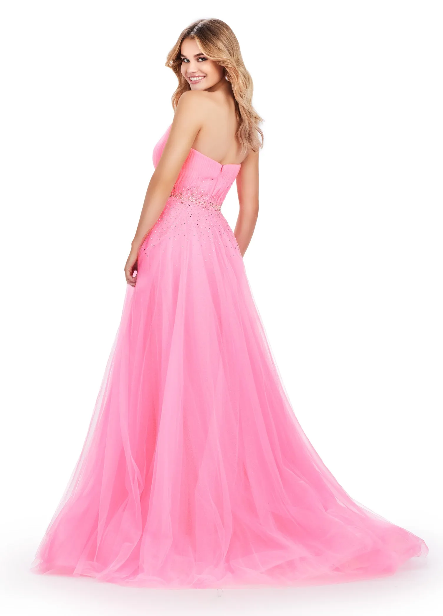 Ashley Lauren 11597 Long Prom Dress Strapless Glitter Tulle Ball Gown Beaded Belt Formal Pageant Gown