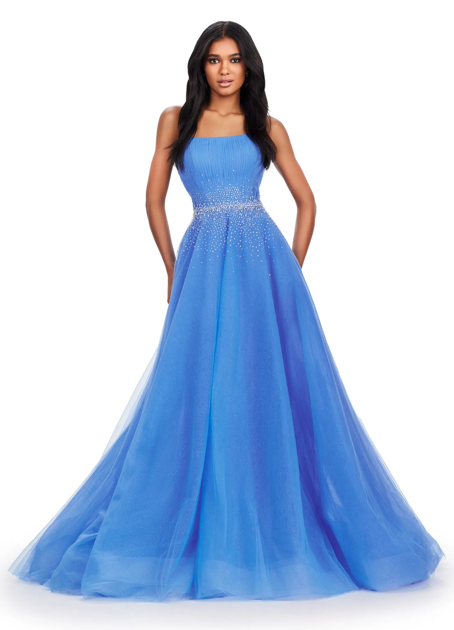 Ashley Lauren 11597 Long Prom Dress Strapless Glitter Tulle Ball Gown Beaded Belt Formal Pageant Gown