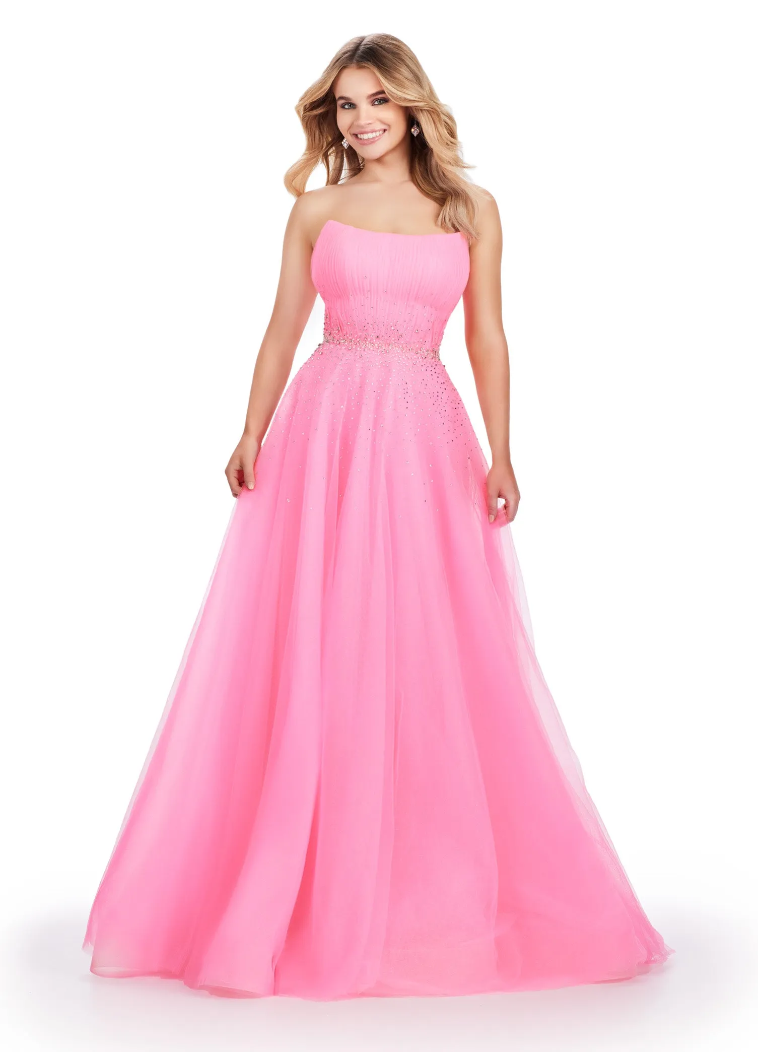 Ashley Lauren 11597 Long Prom Dress Strapless Glitter Tulle Ball Gown Beaded Belt Formal Pageant Gown