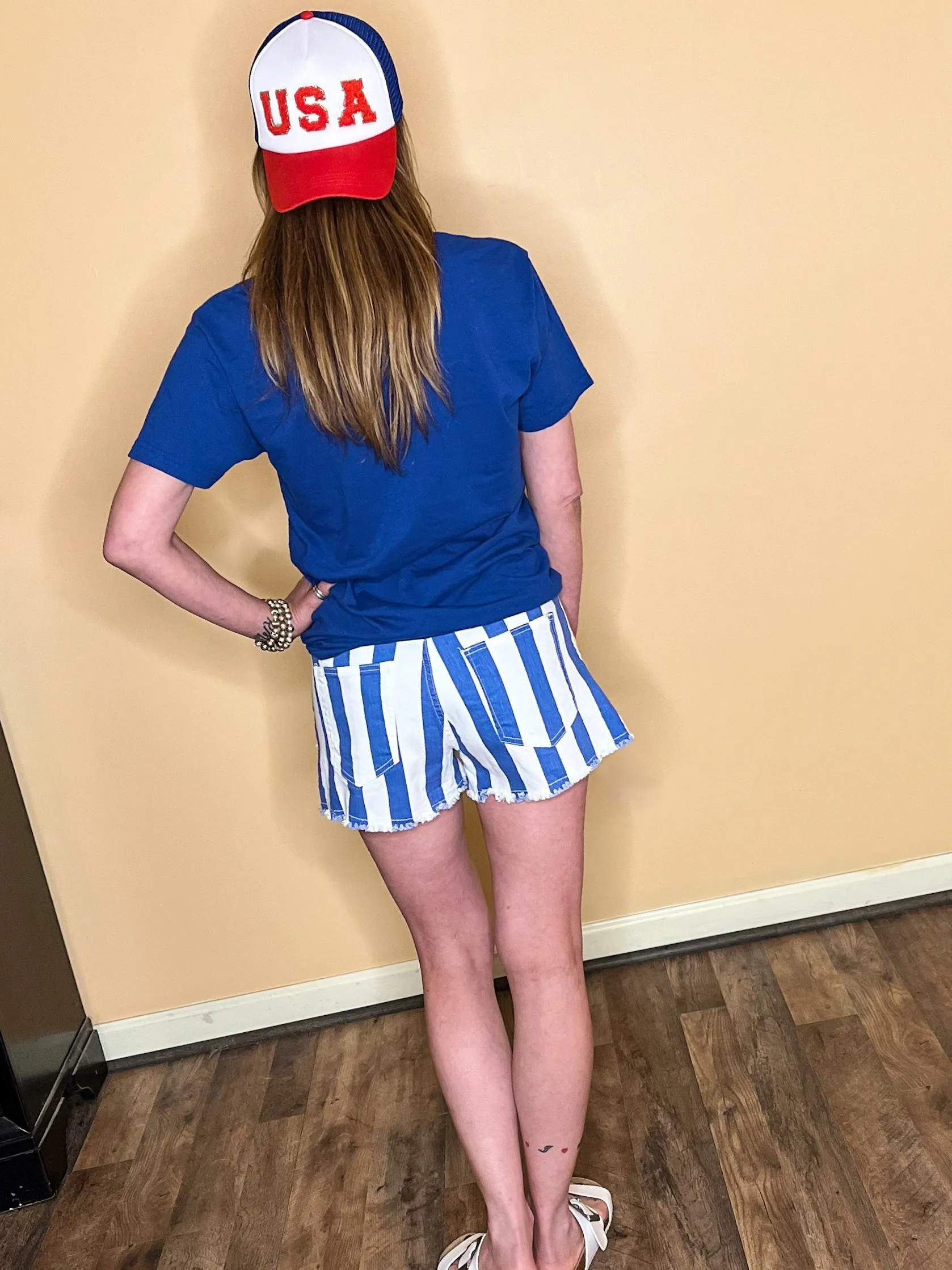 Be Bold Striped Denim Shorts - Blue