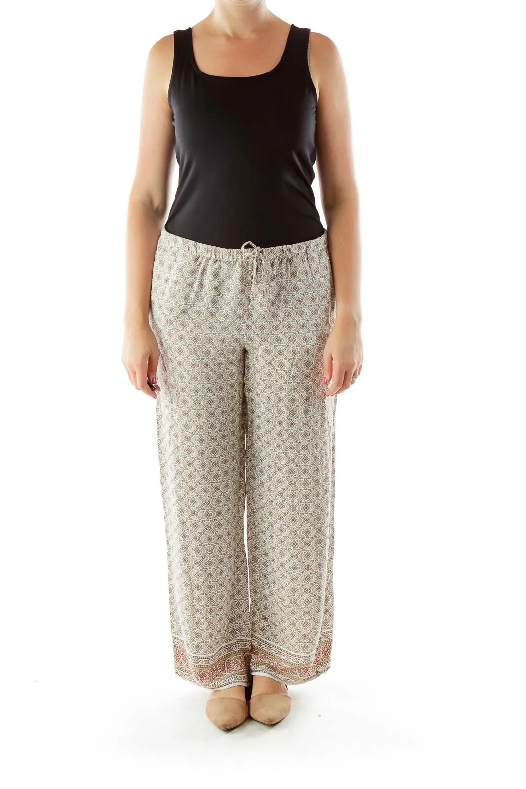 Beige Print Wide Leg Pants