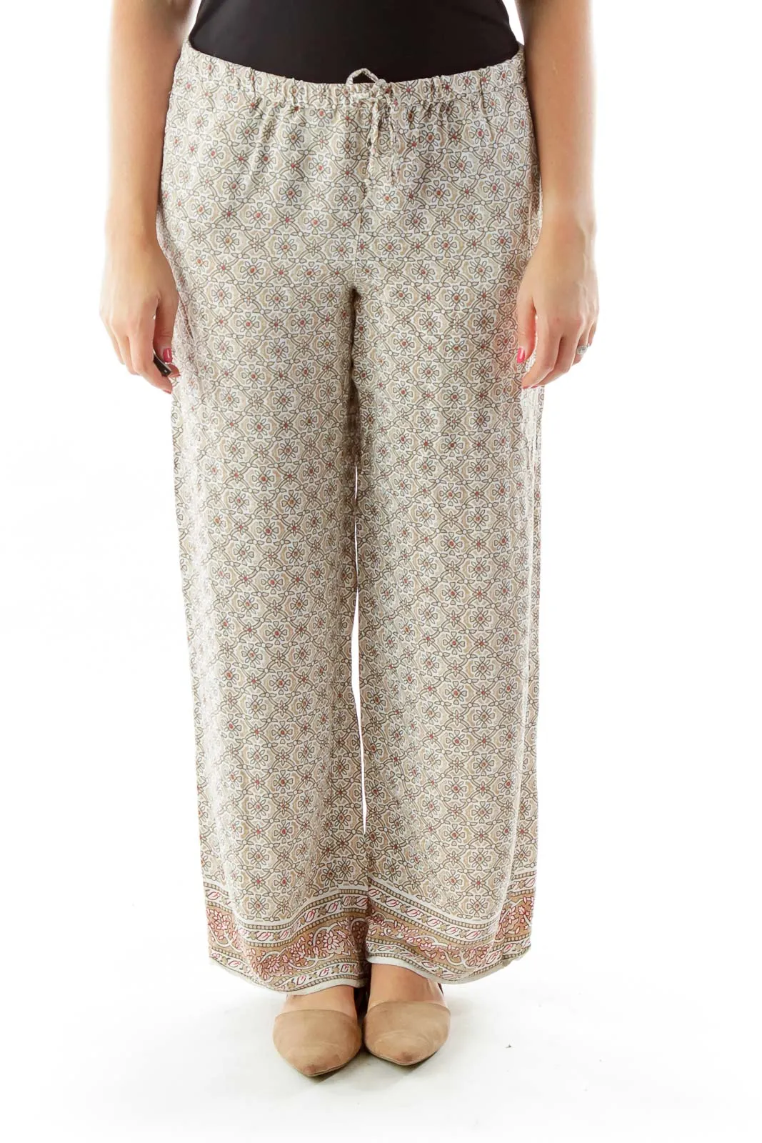 Beige Print Wide Leg Pants