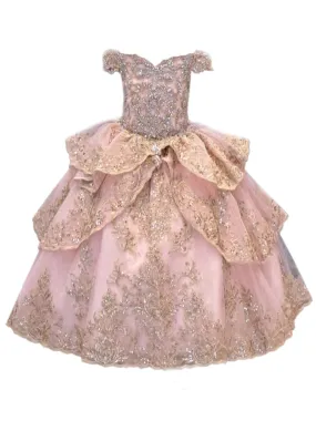 Big Girls Blush Glittery Gold Embroidered Off Shoulder Ball Gown 8-16