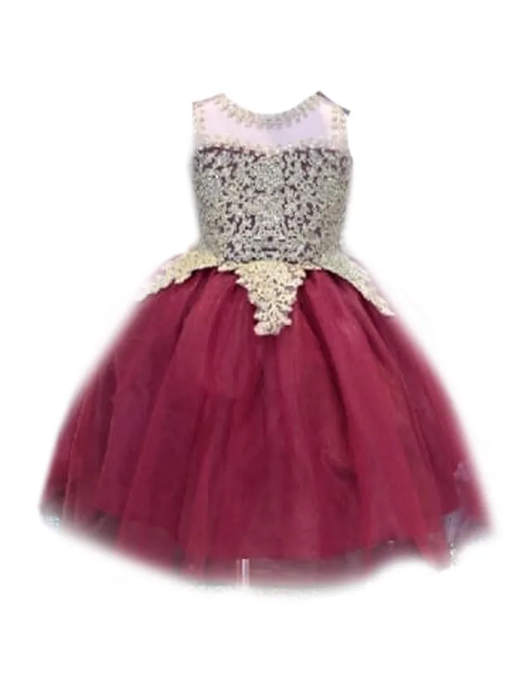 Big Girls Burgundy Embroidered Illusion Neckline Junior Bridesmaid Dress 8-18