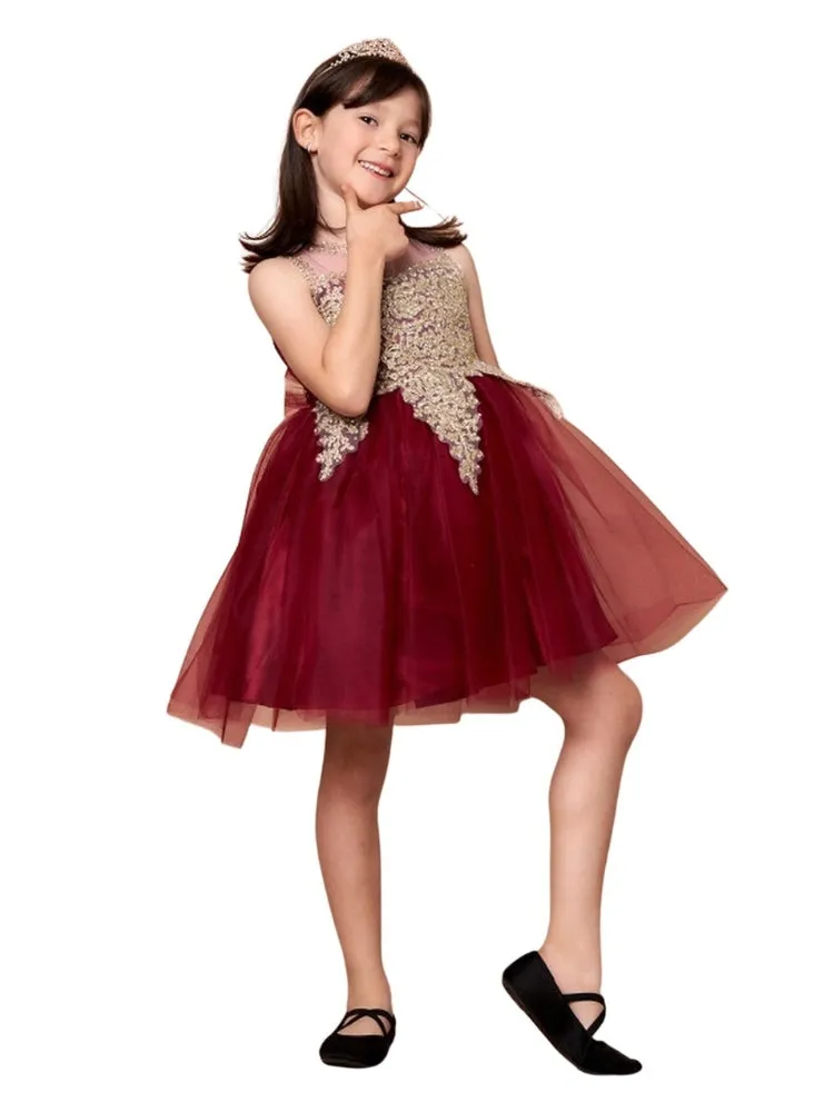 Big Girls Burgundy Embroidered Illusion Neckline Junior Bridesmaid Dress 8-18