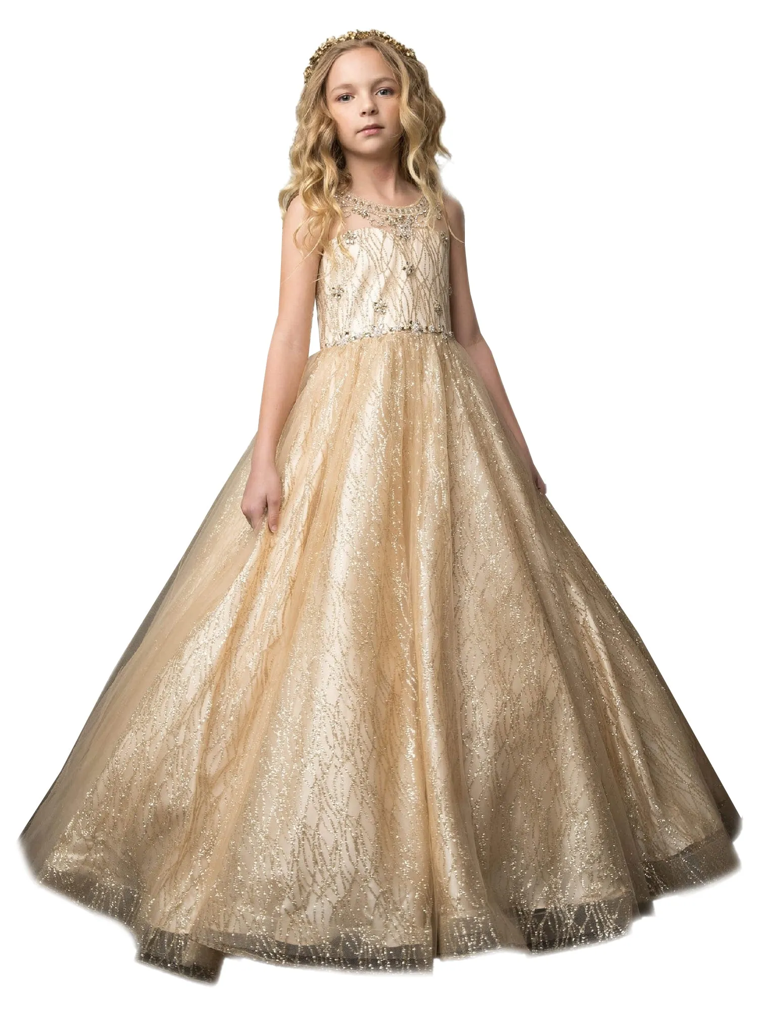 Big Girls Champagne Jewel Illusion Neckline Pageant Dress 8-16