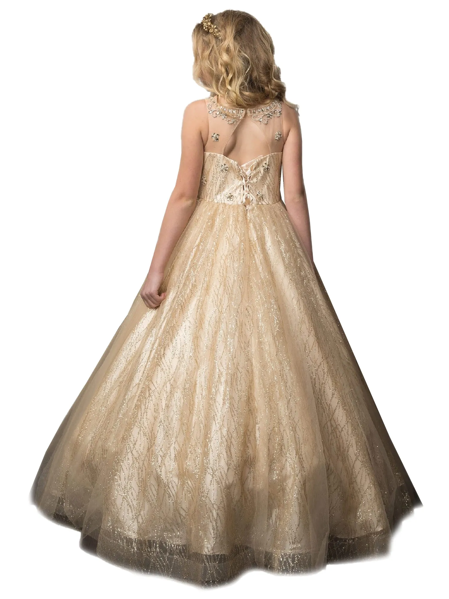 Big Girls Champagne Jewel Illusion Neckline Pageant Dress 8-16