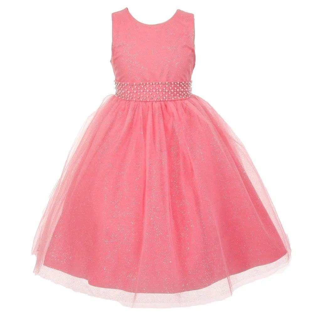 Big Girls Coral Sparkly Tulle Pearls Occasion Dress 8-12