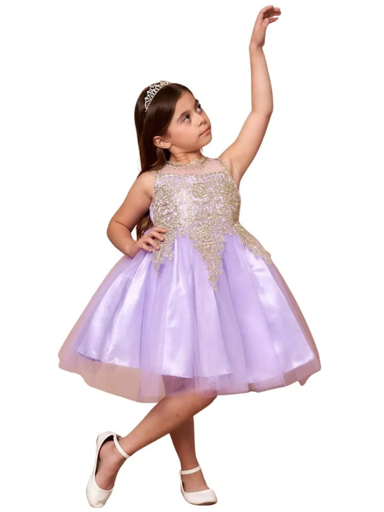 Big Girls Lilac Gold Embroidered Illusion Neckline Junior Bridesmaid Dress 8-18