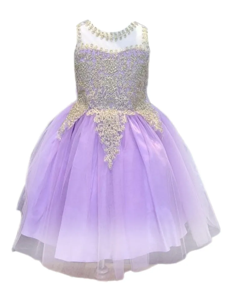 Big Girls Lilac Gold Embroidered Illusion Neckline Junior Bridesmaid Dress 8-18