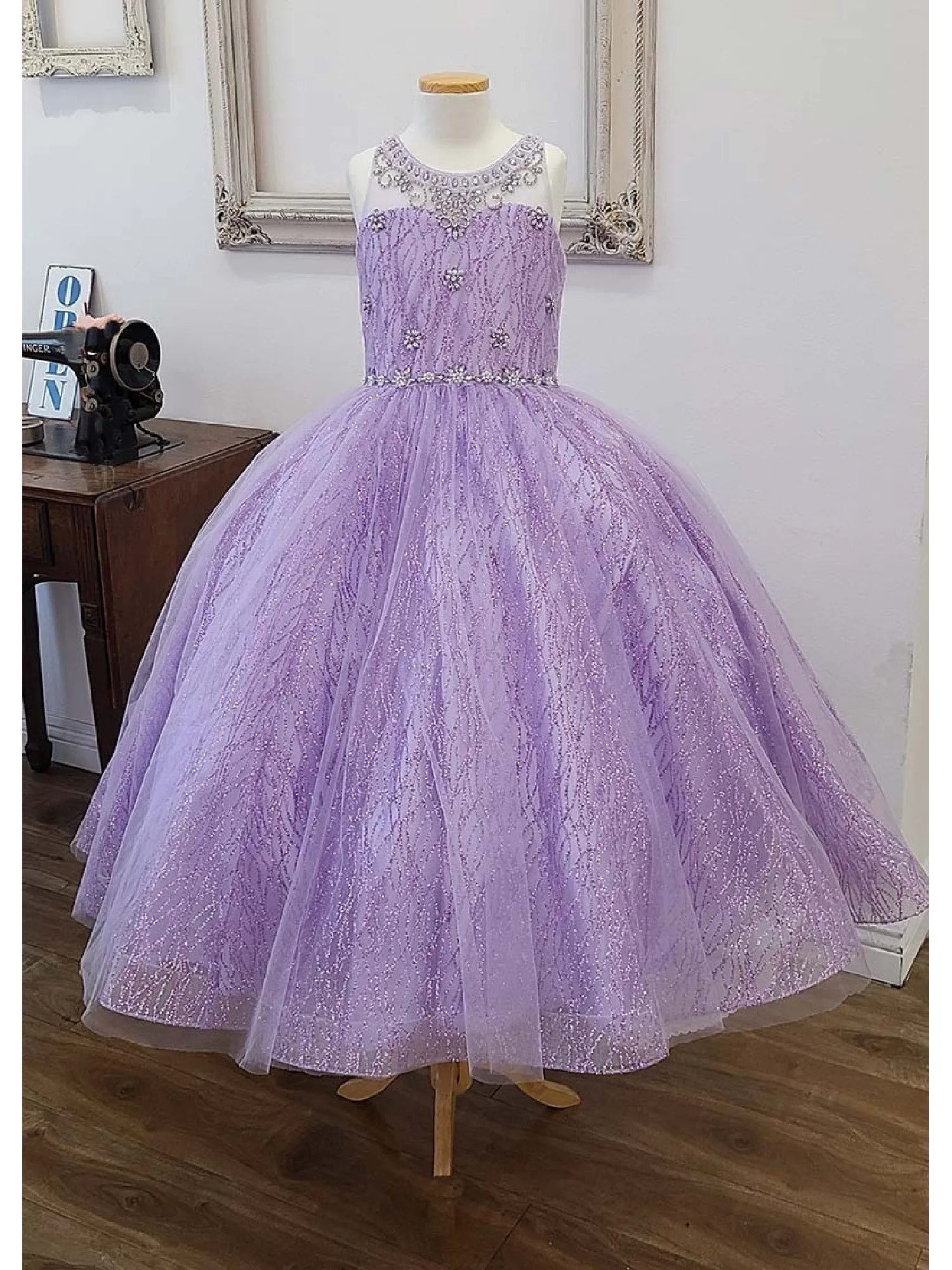 Big Girls Lilac Jewel Illusion Neckline Pageant Dress 8-16