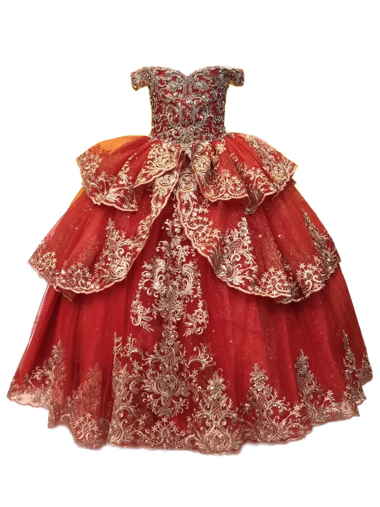 Big Girls Red Glittery Gold Embroidered Off Shoulder Ball Gown 8-16