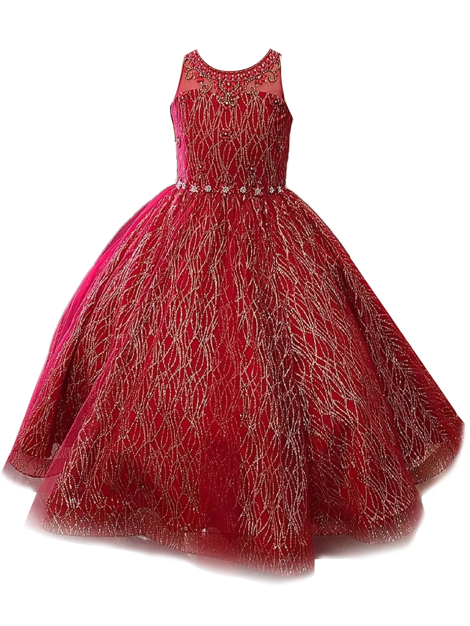 Big Girls Red Jewel Illusion Neckline Pageant Dress 8-16