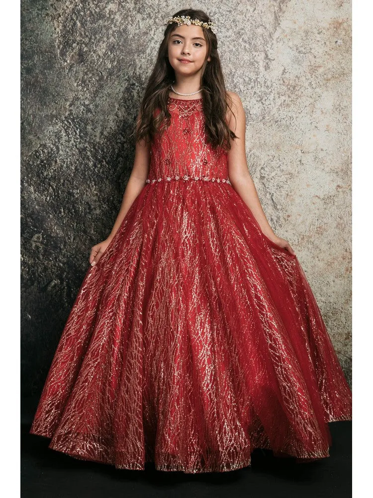 Big Girls Red Jewel Illusion Neckline Pageant Dress 8-16