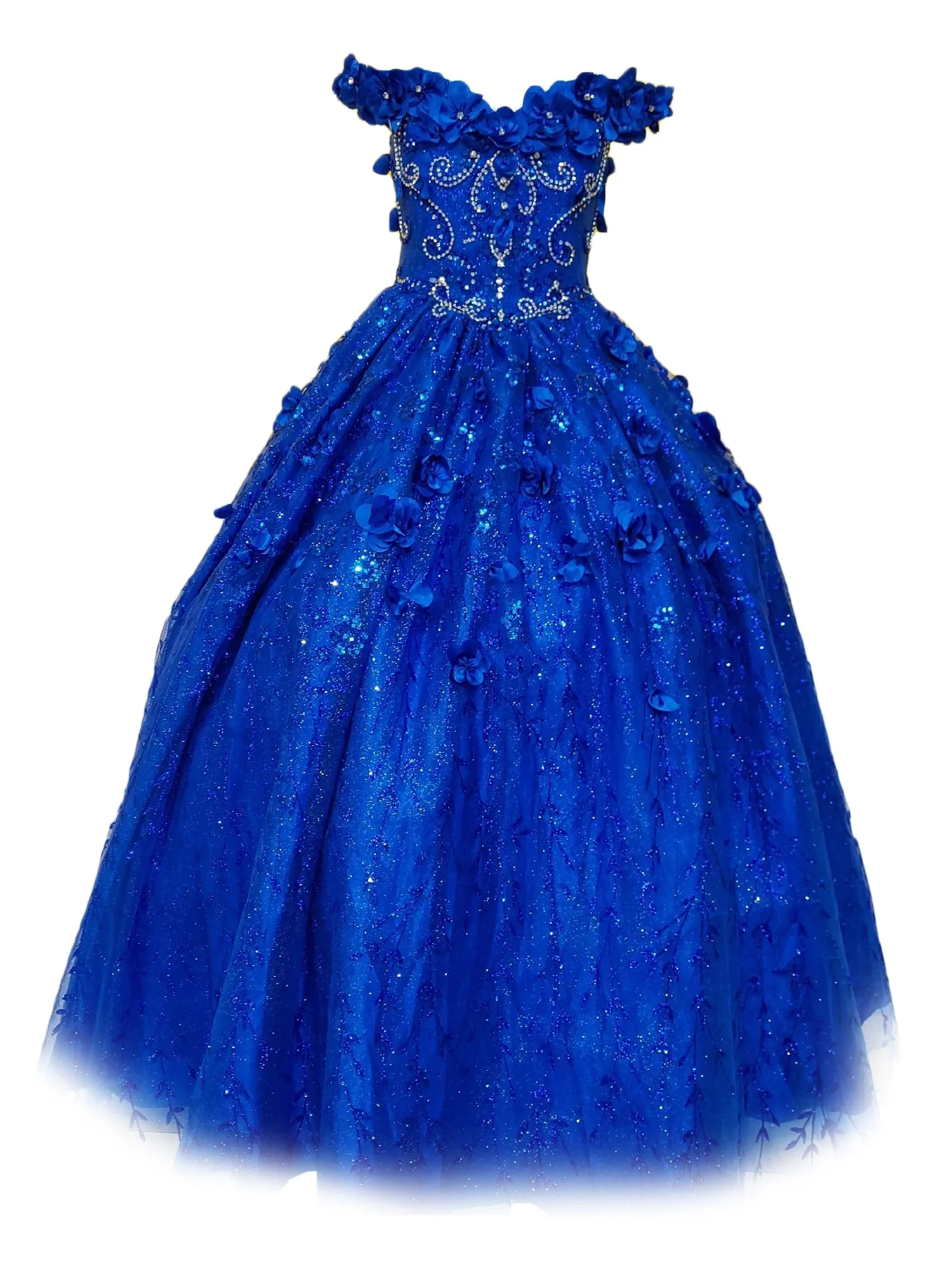 Big Girls Royal Blue Rhinestone Flower Applique Off Shoulder Ball Gown 8-16