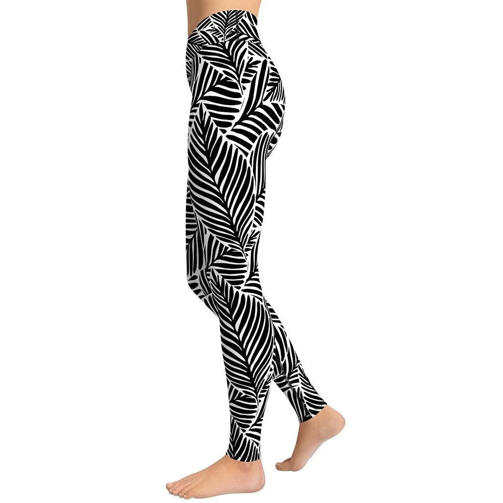 Black & White Leaves Yoga Leggings