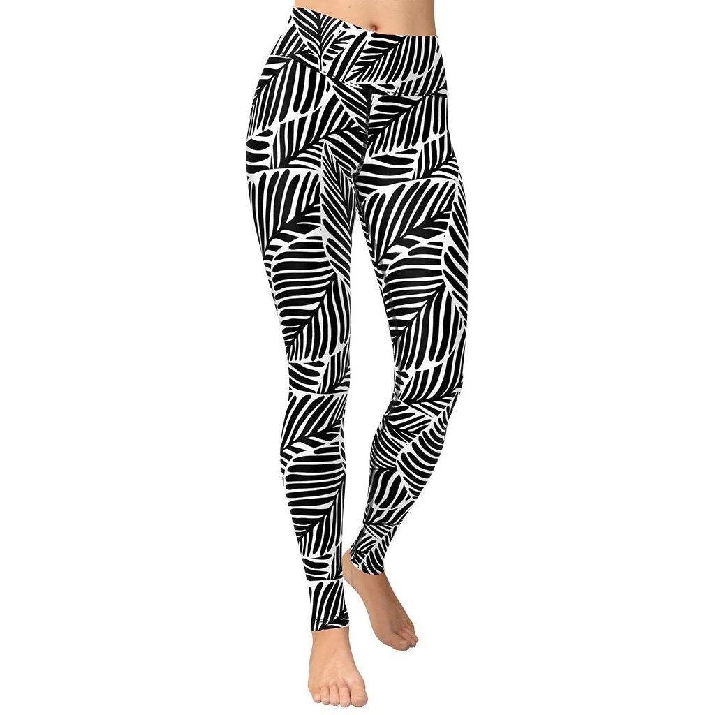 Black & White Leaves Yoga Leggings