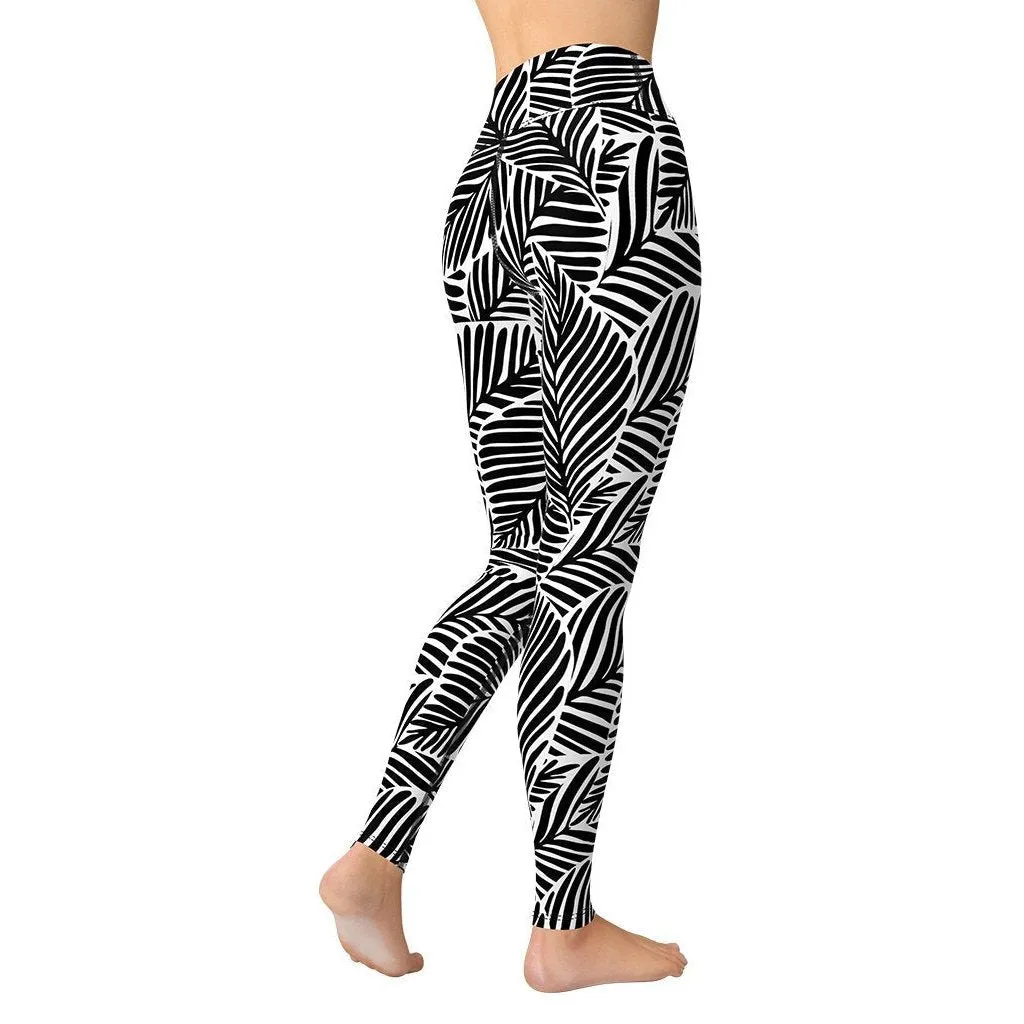 Black & White Leaves Yoga Leggings