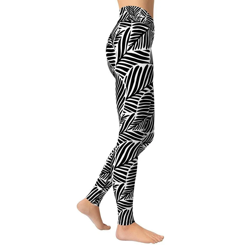 Black & White Leaves Yoga Leggings