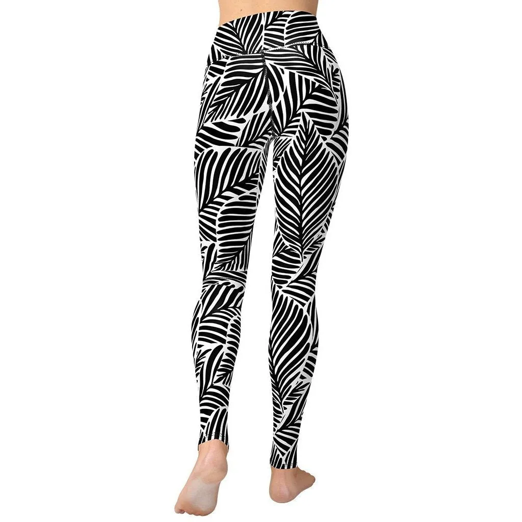 Black & White Leaves Yoga Leggings