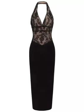 Black Halter-Neck Velvet and Lace Detailed Dress