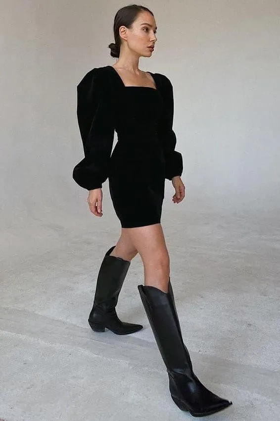 Black puff sleeves velvet dress