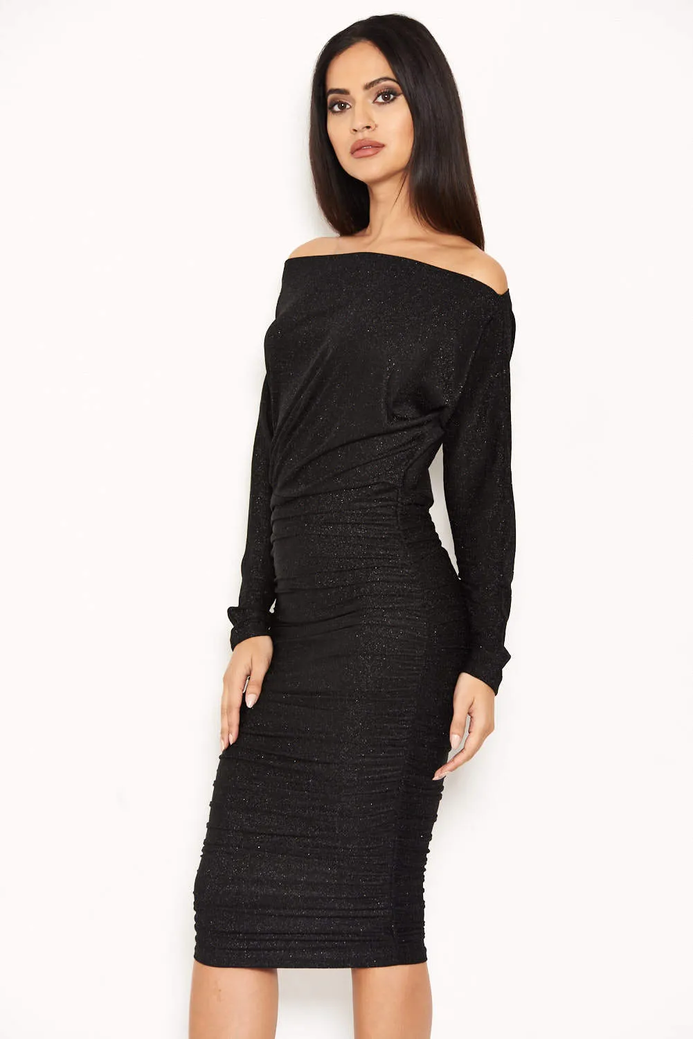 Black Slash Neck Glitter Ruched Dress