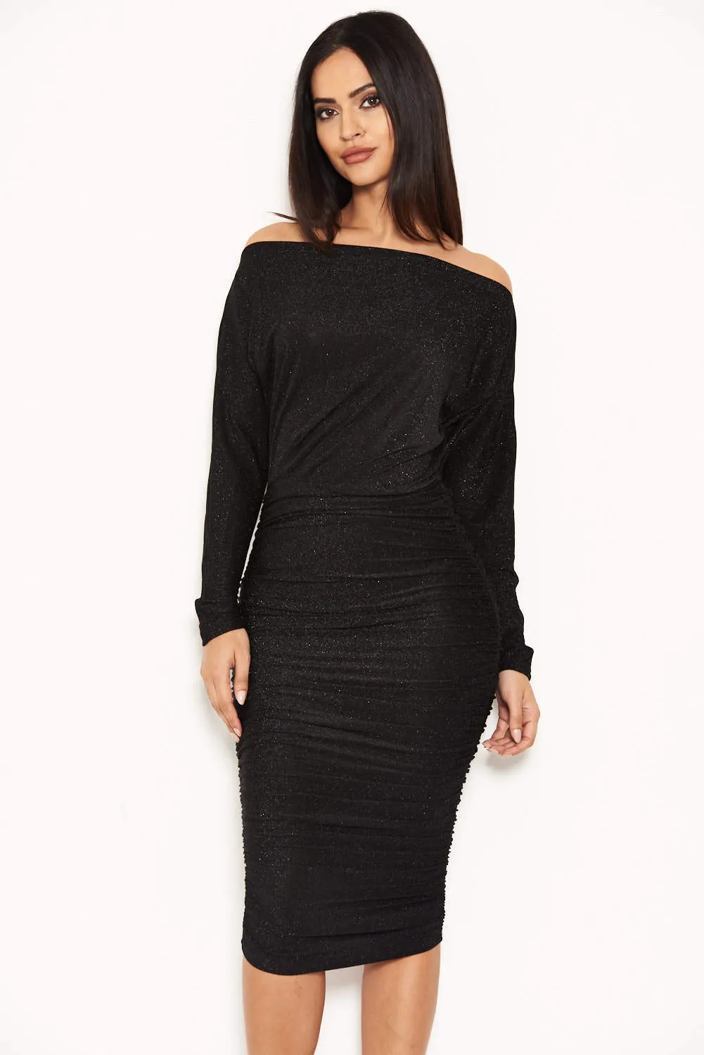 Black Slash Neck Glitter Ruched Dress