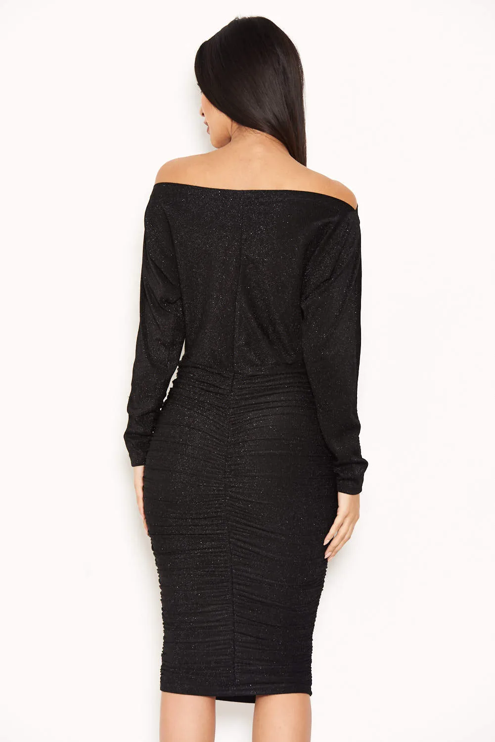 Black Slash Neck Glitter Ruched Dress