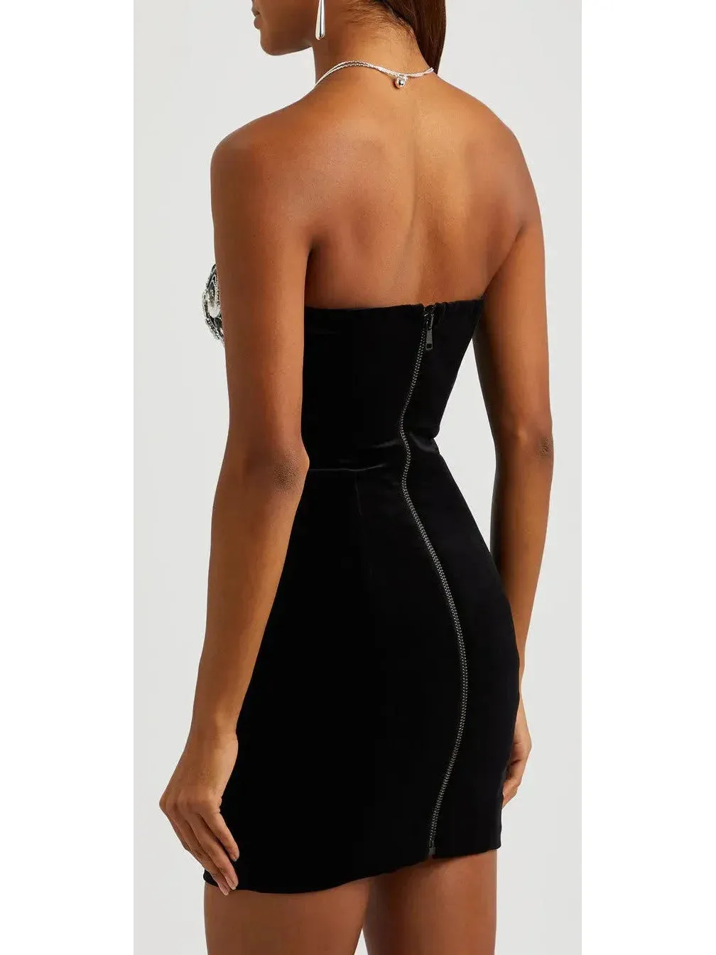 Black Velvet Paisley-Embroidered Strapless Dress