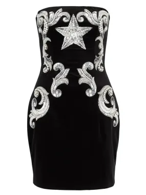 Black Velvet Paisley-Embroidered Strapless Dress