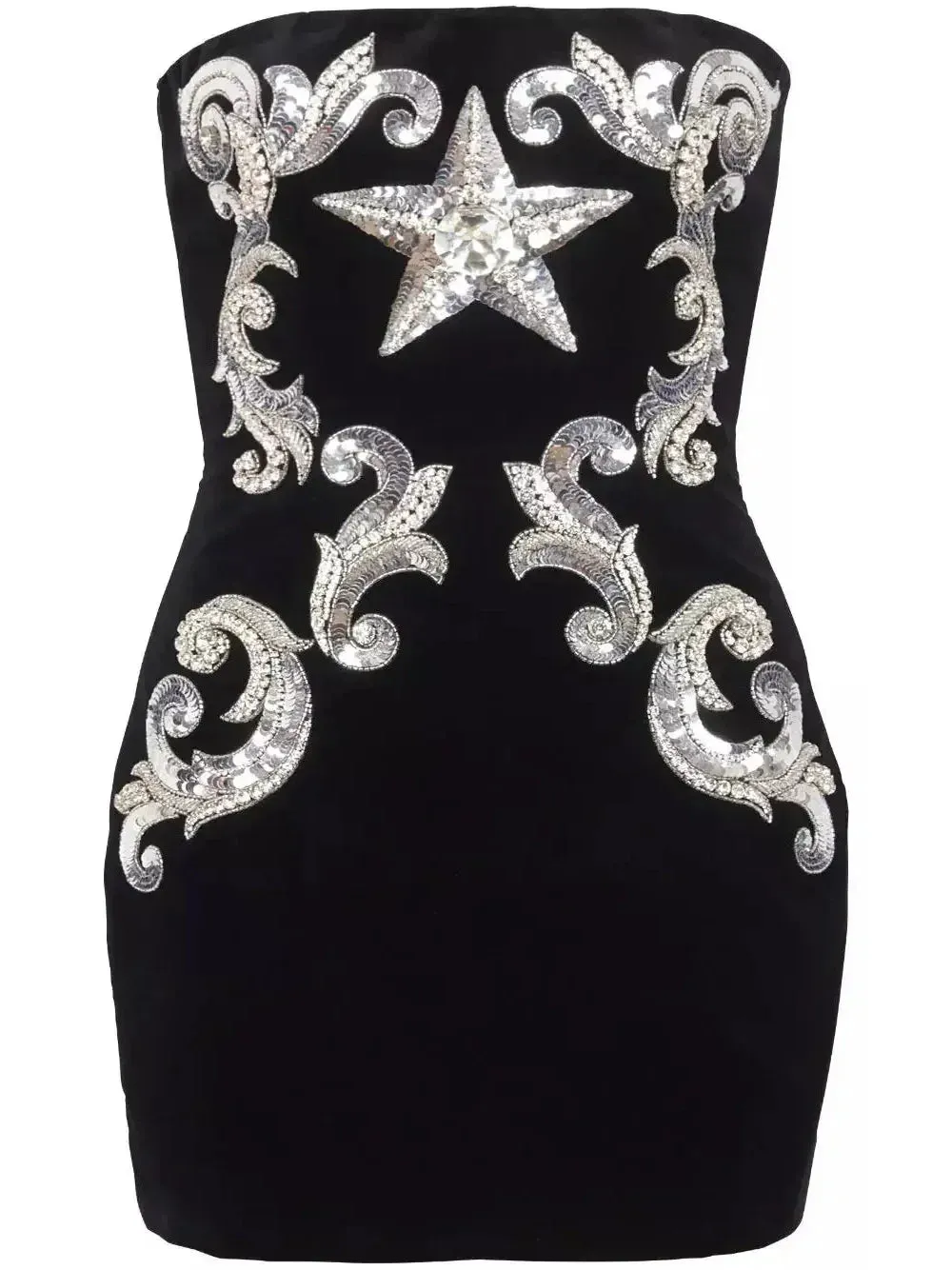 Black Velvet Paisley-Embroidered Strapless Dress