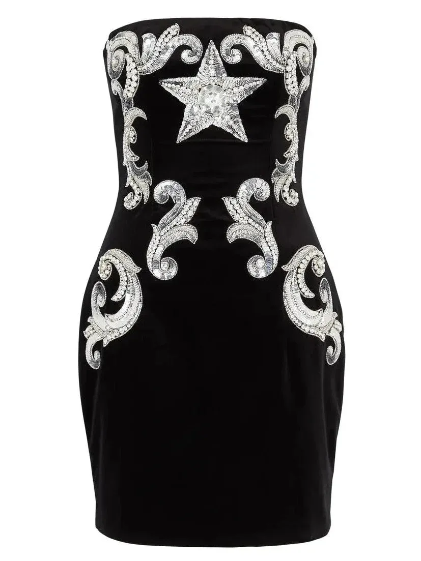 Black Velvet Paisley-Embroidered Strapless Dress