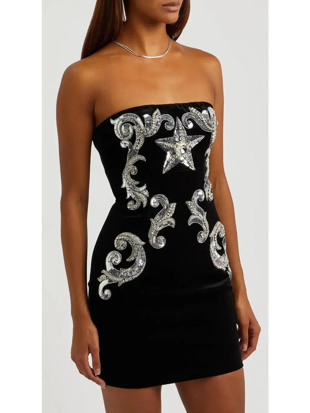 Black Velvet Paisley-Embroidered Strapless Dress