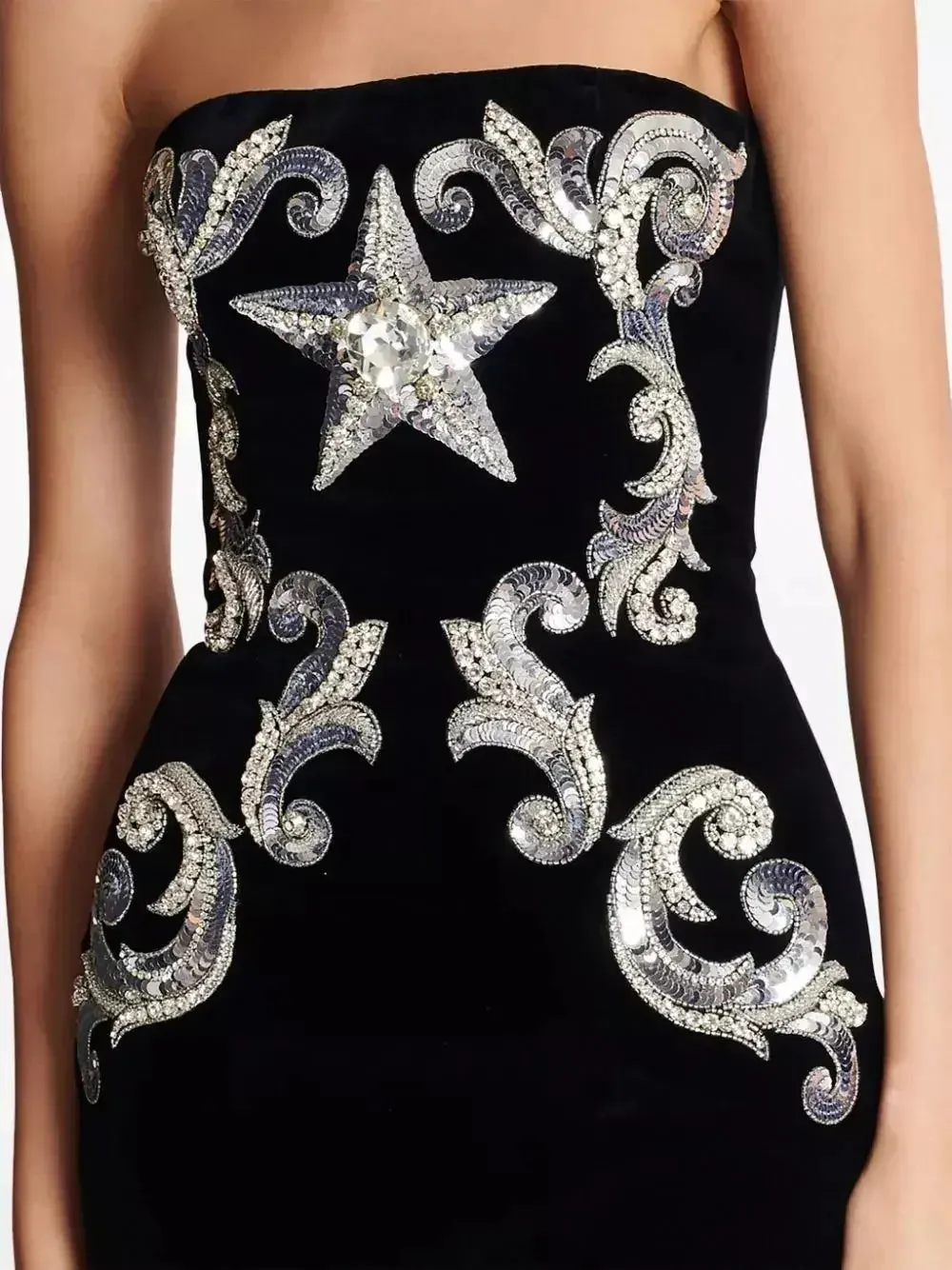 Black Velvet Paisley-Embroidered Strapless Dress