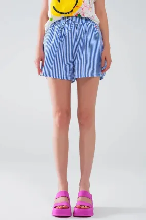 Blue Striped Shorts with Elastic Waist and Pockets