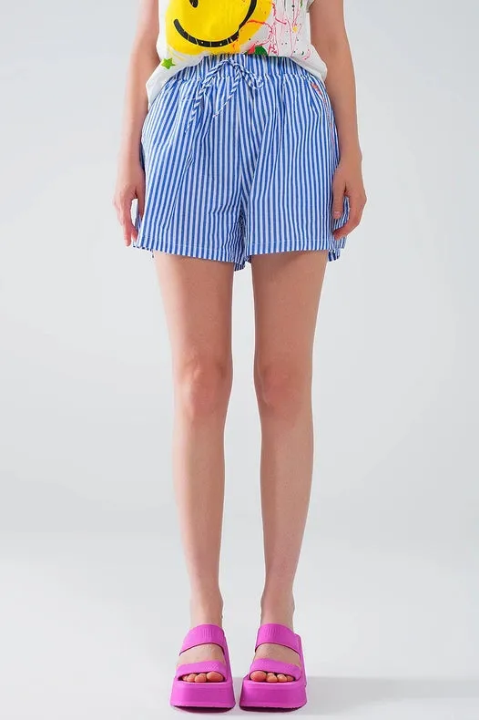 Blue Striped Shorts with Elastic Waist and Pockets