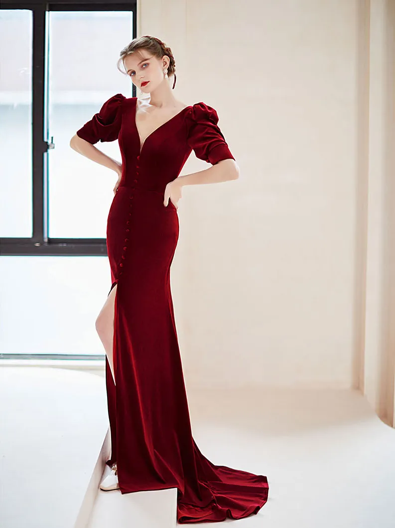 Burgundy velvet  mermaid long prom dress, burgundy evening dress