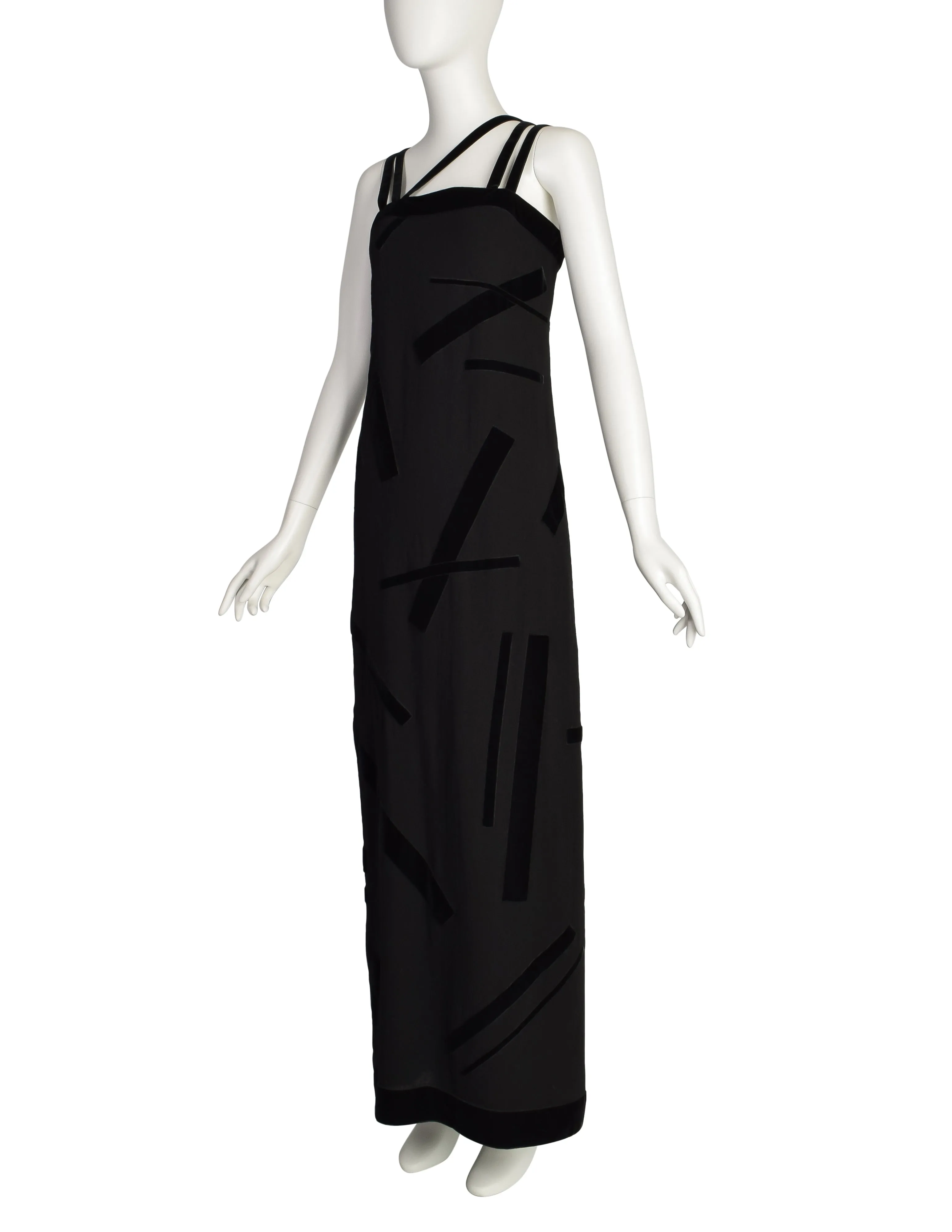 Chanel Vintage AW 1998 Black Wool Abstract Velvet Applique Column Gown Dress