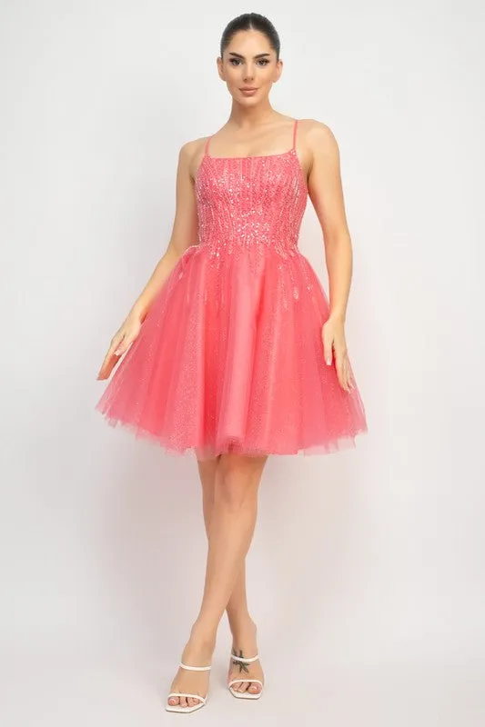 Coral Sequin Beads Tulle Mini Glittery Dress