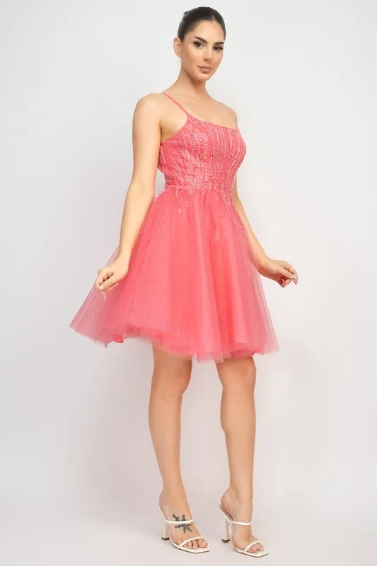 Coral Sequin Beads Tulle Mini Glittery Dress